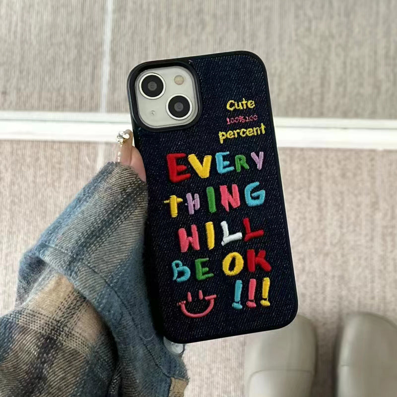 〖i728〗レインボー文字刺繍スマホケースiPhone 14 15 15Pro Max ケース