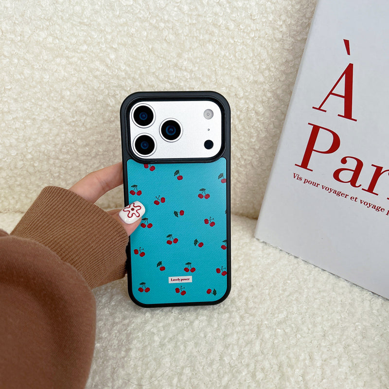 〖i958〗 ブルー地にチェリーのスマホケース