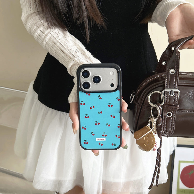 〖i958〗 ブルー地にチェリーのスマホケース