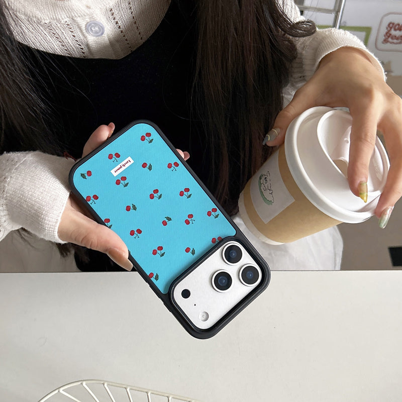 〖i958〗 ブルー地にチェリーのスマホケース