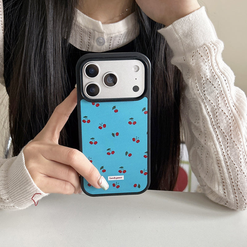 〖i958〗 ブルー地にチェリーのスマホケース