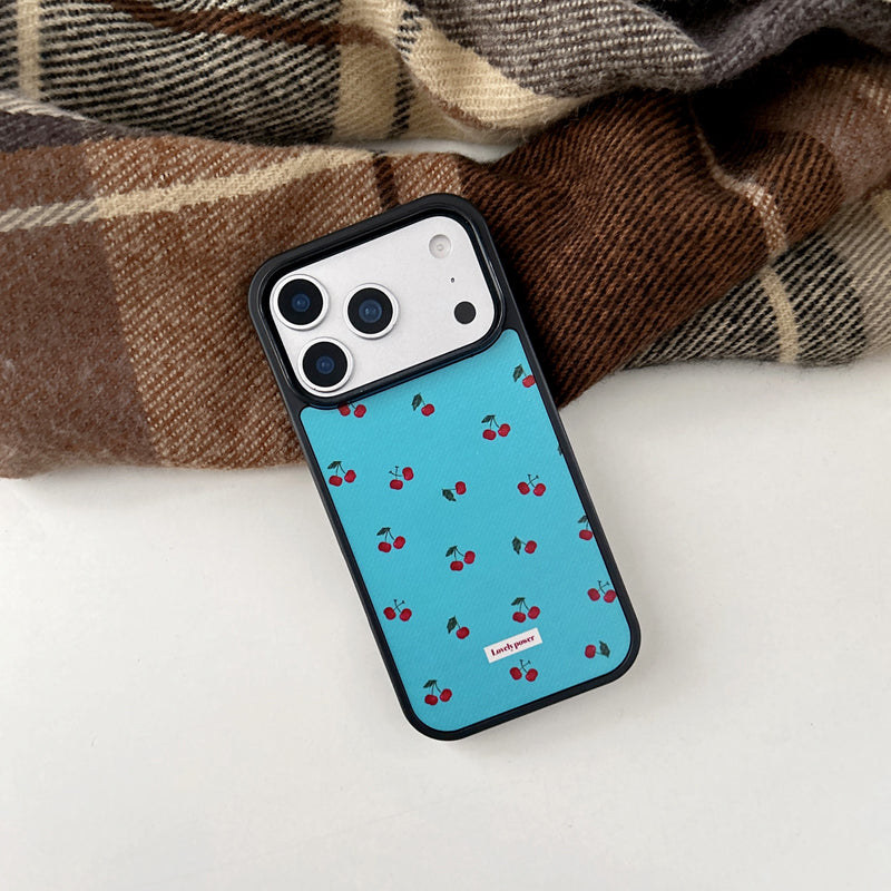 〖i958〗 ブルー地にチェリーのスマホケース