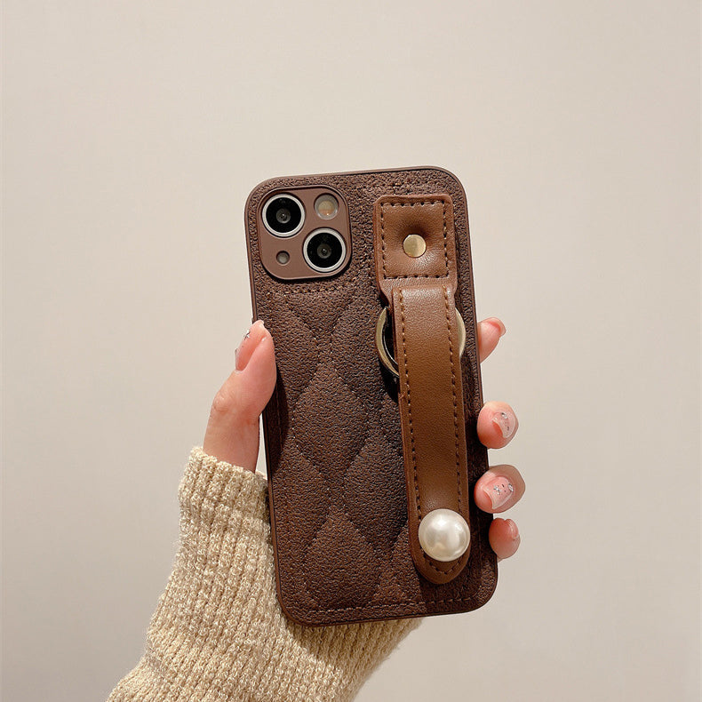 〖i740〗ダウンジャケット 立体椿 スマホケース iPhone 15 パールリストバンド 携帯電話ケース