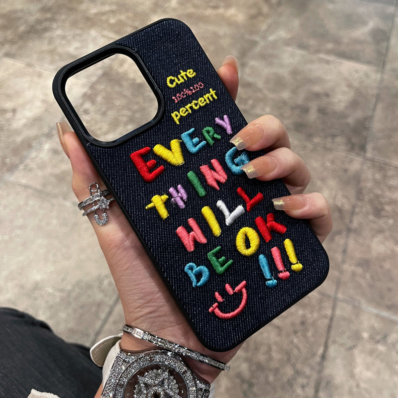 〖i728〗レインボー文字刺繍スマホケースiPhone 14 15 15Pro Max ケース