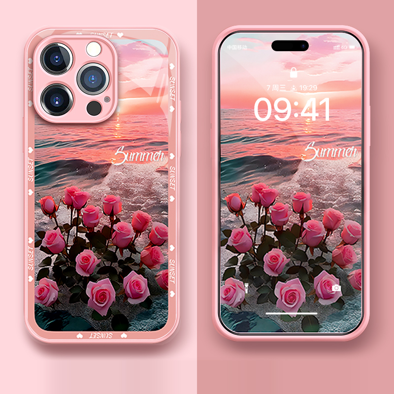 〖i706〗アイフォン 15 プロ カバー,ピンクのバラスマホケース,iPhone 13 14Pro Max ケース