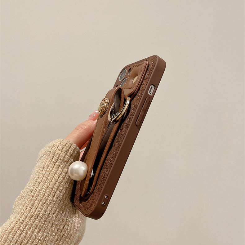 〖i740〗ダウンジャケット 立体椿 スマホケース iPhone 15 パールリストバンド 携帯電話ケース