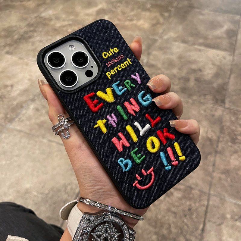 〖i728〗レインボー文字刺繍スマホケースiPhone 14 15 15Pro Max ケース