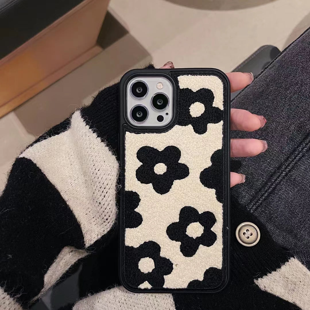 〖i221〗iphonese ケース おしゃれ,秋冬毛織の黒い花iPhone 14ケース,iphone ケース 人気 女子