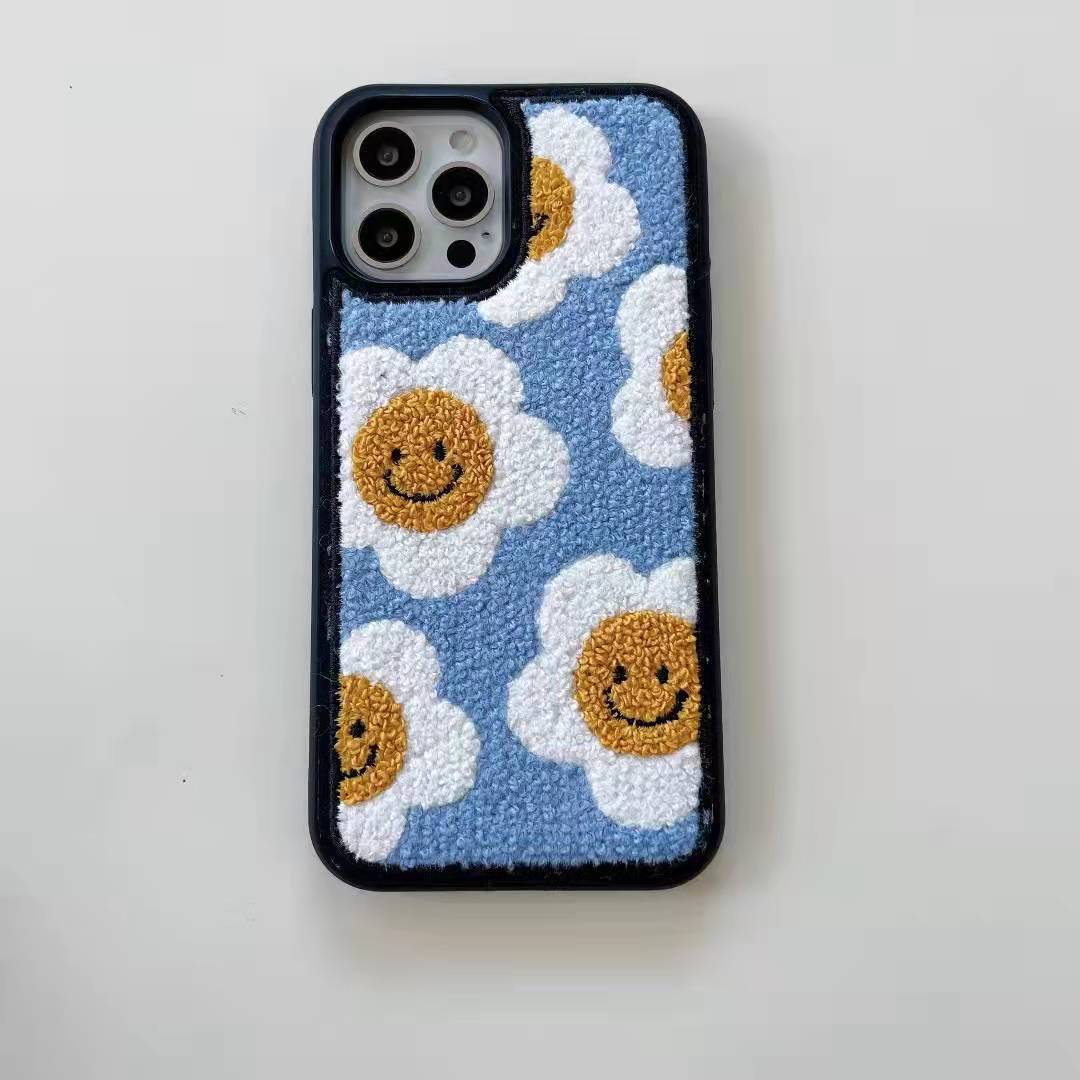 〖i246〗青い刺繍笑顔の花 iPhone16Pro maxケース iPhone16 Proケース