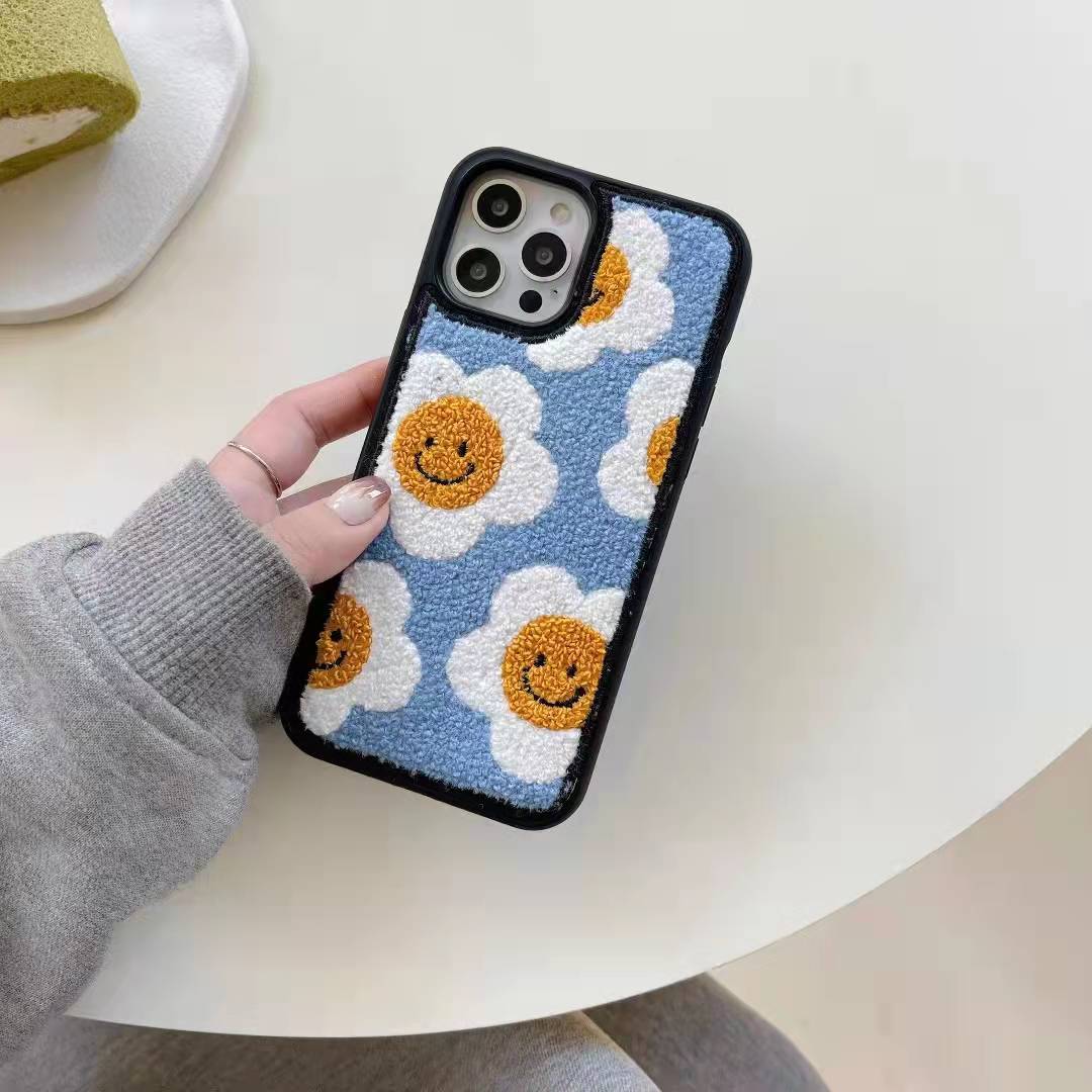 〖i246〗青い刺繍笑顔の花 iPhone16Pro maxケース iPhone16 Proケース