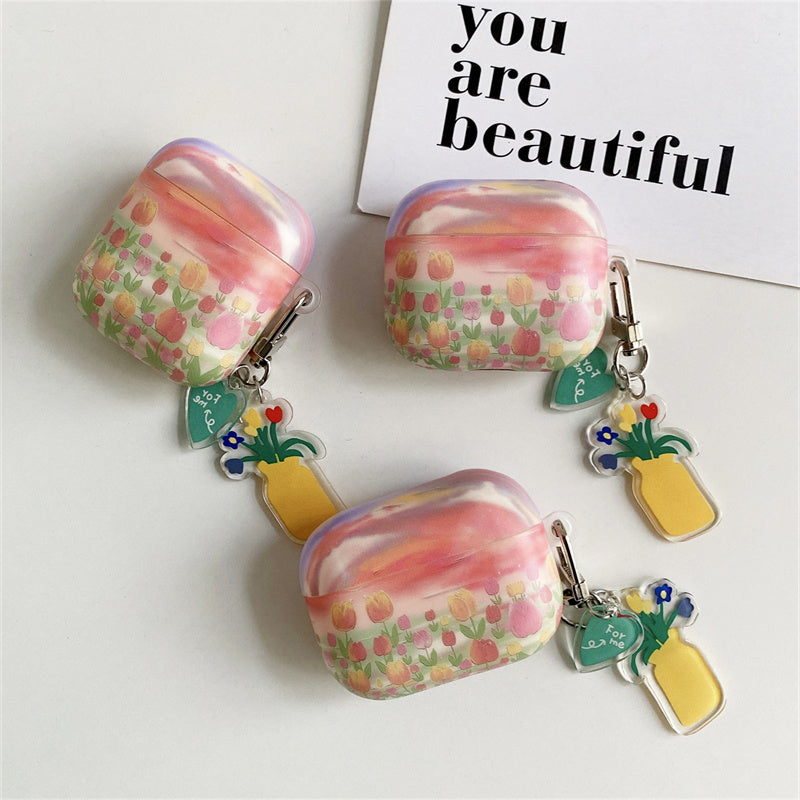 〖A024〗AirpodsPro用の油絵チューリップ AirPods1/2 ケース AirPodsPro ケース
